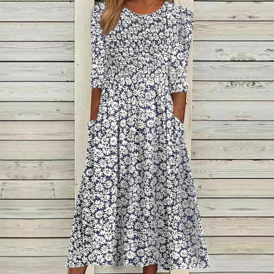 Nyzara™ - Robe midi bleu marine à imprimé marguerite