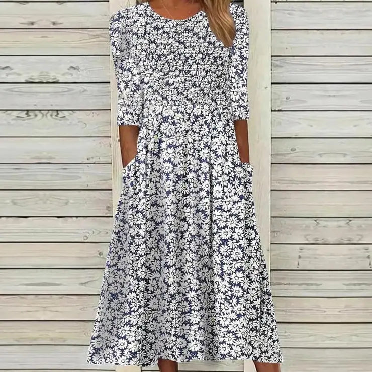 Nyzara™ - Robe midi bleu marine à imprimé marguerite